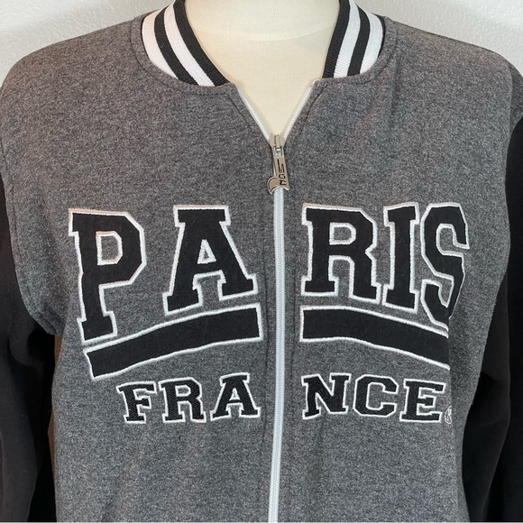 NoS Paris France Embroidered Black Gray Fleece Knit Zip Bomber Jacket Sz M - Picture 2 of 10